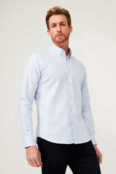 Light Blue Long Sleeve Slim Fit Narrow Cut Cotton Shirt