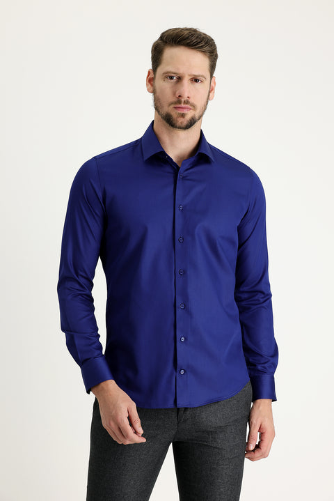 Orta Lacivert Uzun Kol Non Iron Slim Fit Dar Kesim Gömlek