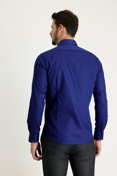 Orta Lacivert Uzun Kol Non Iron Slim Fit Dar Kesim Gömlek