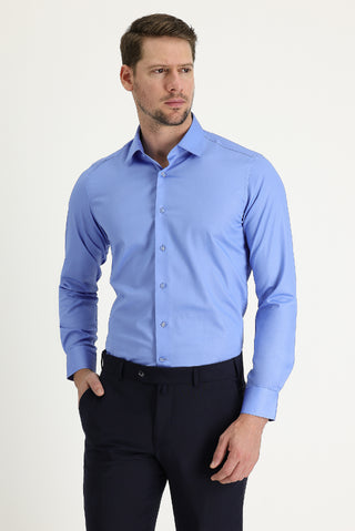  Koyu Mavi  Uzun Kol Non Iron Slim Fit Dar Kesim Gömlek