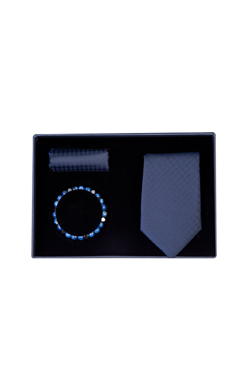 Dark Navy Blue 3-Piece Tie, Pocket Square, and Bracelet Set