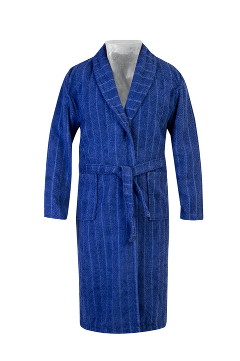 Medium Navy Shawl Collar Jacquard Cotton Bathrobe