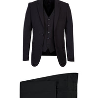 Siyah 7 Drop Slim Fit Dar Kesim Yelekli Takım Elbise