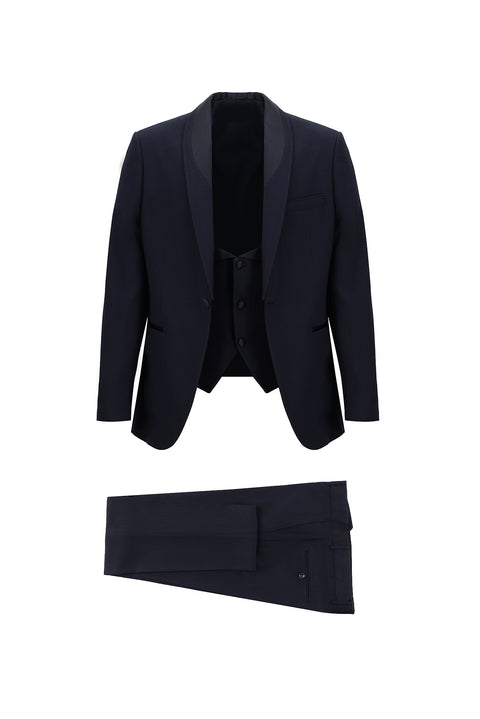 Koyu Lacivert 7 Drop Slim Fit Dar Kesim Şal Yaka Yelekli Smokin & Damatlık