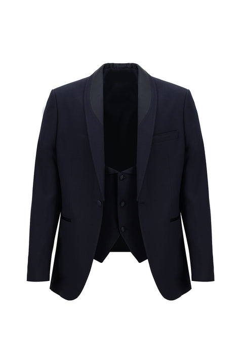 Koyu Lacivert 7 Drop Slim Fit Dar Kesim Şal Yaka Yelekli Smokin & Damatlık