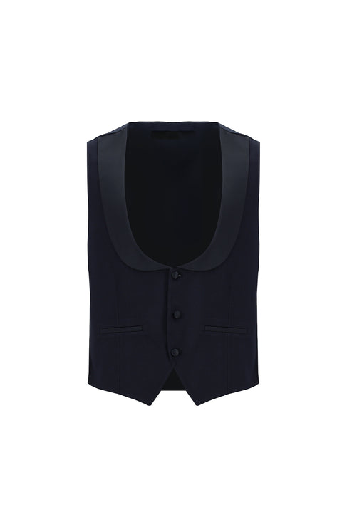Koyu Lacivert 7 Drop Slim Fit Dar Kesim Şal Yaka Yelekli Smokin & Damatlık