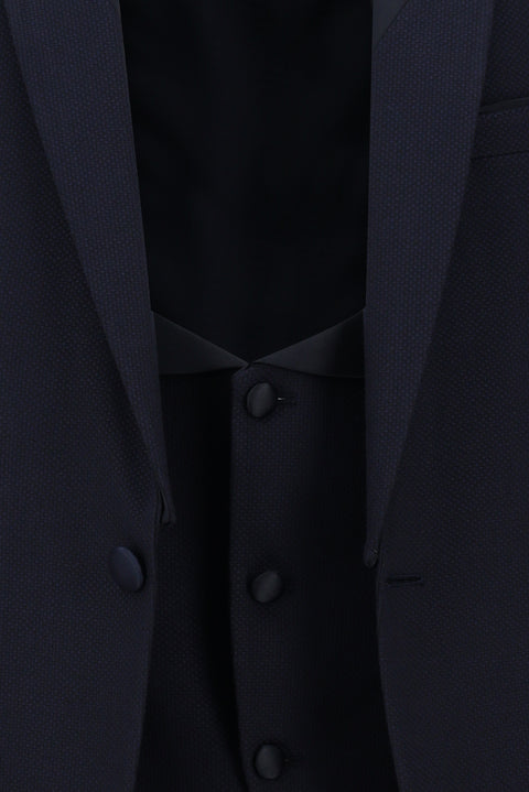 Koyu Lacivert 7 Drop Slim Fit Dar Kesim Şal Yaka Yelekli Smokin & Damatlık