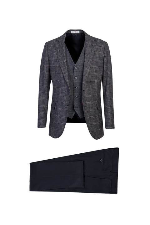 Medium Navy 6 Drop Regular Fit Standard Cut Plaid Suit with Vest