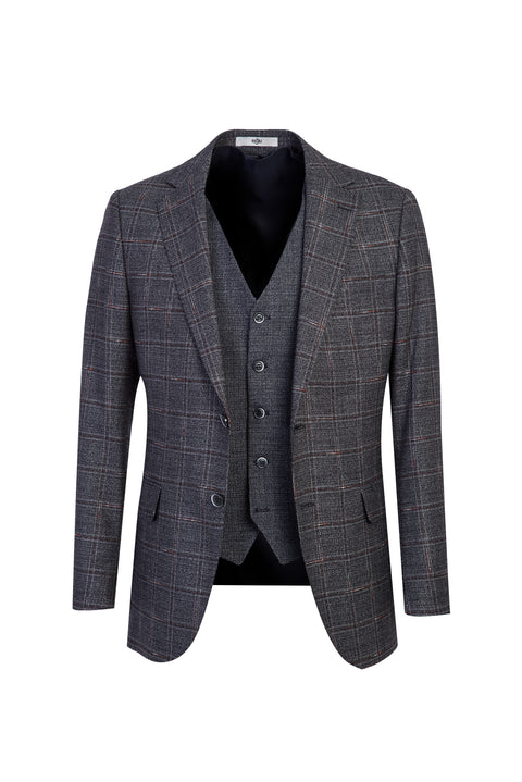 Medium Navy 6 Drop Regular Fit Standard Cut Plaid Suit with Vest