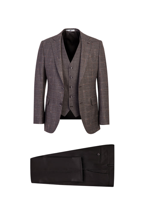 Medium Brown 6 Drop Regular Fit Standard Cut Antibacterial Combination Plaid Suit