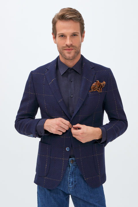 Dark Navy 4-Drop Relaxed Fit Wool Patterned Jacket