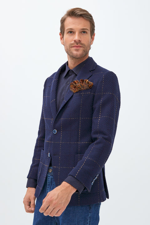 Dark Navy 4-Drop Relaxed Fit Wool Patterned Jacket