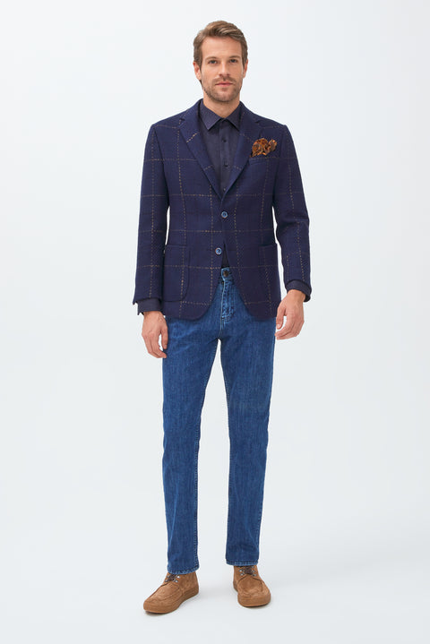Dark Navy 4-Drop Relaxed Fit Wool Patterned Jacket