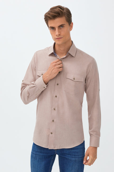 Medium Beige Long Sleeve Regular Fit Lumberjack Shirt