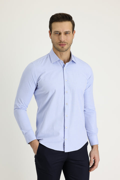 Sky Blue Long Sleeve Slim Fit Patterned Cotton Shirt