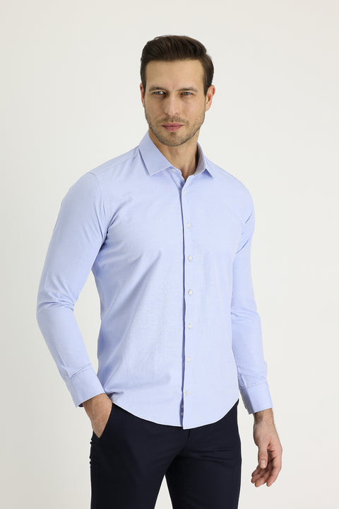 Sky Blue Long Sleeve Slim Fit Patterned Cotton Shirt