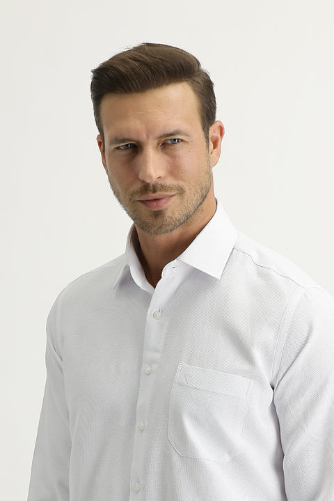 White Long-Sleeve Classic Patterned Cotton Shirt