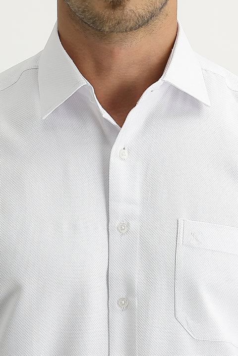 White Long-Sleeve Classic Patterned Cotton Shirt