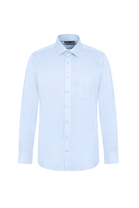Light Blue Long-Sleeved Classic Stain-Resistant Cotton Shirt with Pockets