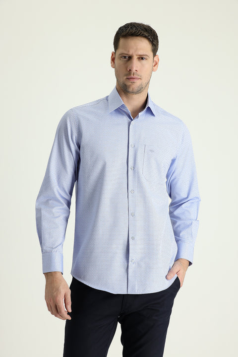 Blue Long-Sleeve Classic Patterned Easy-Iron Shirt