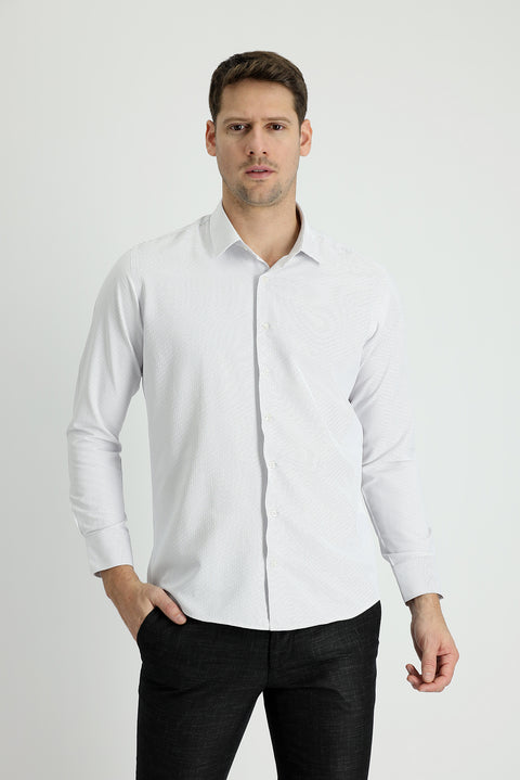 Light Grey Long Sleeve Slim Fit Striped Cotton Shirt