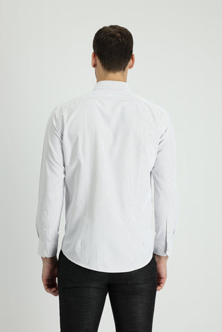  Açık Gri Uzun Kol Slim Fit Dar Kesim Çizgili Pamuklu Gömlek