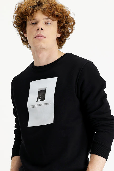 Black Crew Neck Fleece-Lined Printed Cotton Sweatshirt