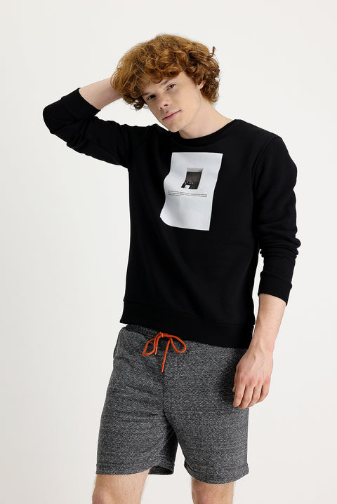 Black Crew Neck Fleece-Lined Printed Cotton Sweatshirt