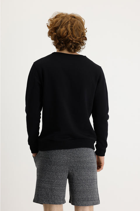 Black Crew Neck Fleece-Lined Printed Cotton Sweatshirt