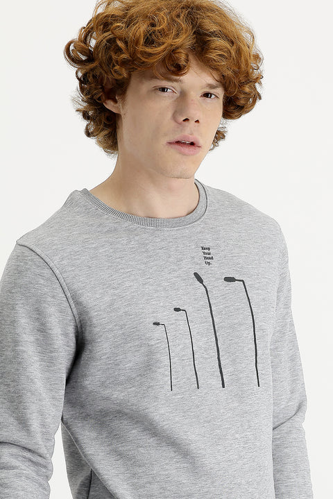 Light Grey Melange Crew Neck Printed Cotton Sweatshirt