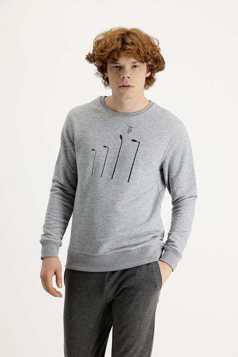 Light Grey Melange Crew Neck Printed Cotton Sweatshirt