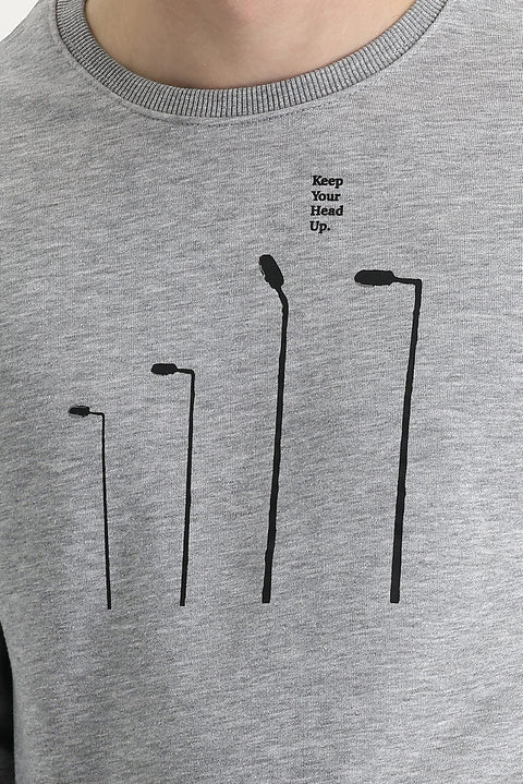 Light Grey Melange Crew Neck Printed Cotton Sweatshirt