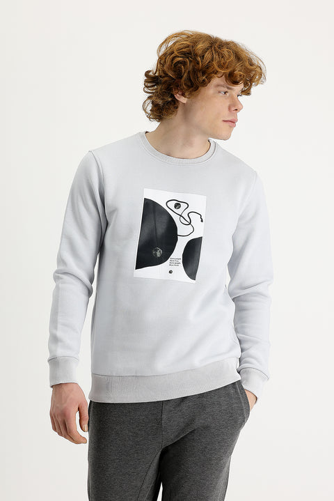 Medium Grey Crew Neck Fleece Lined Printed Cotton Sweatshirt