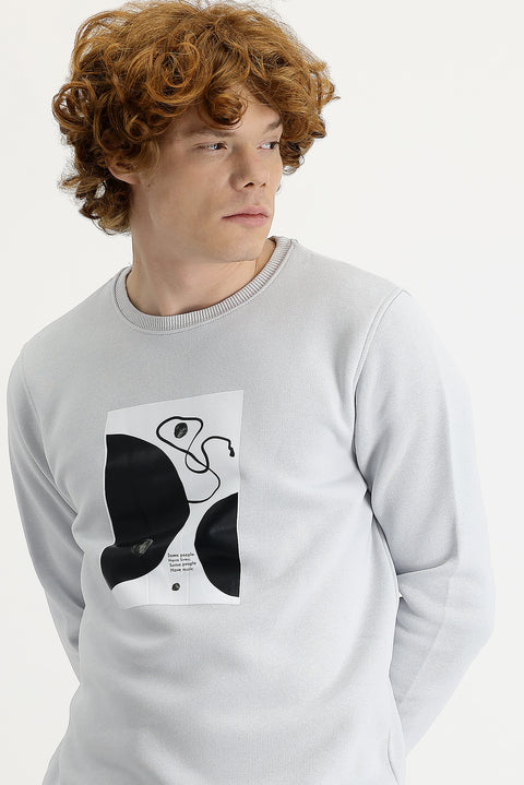 Medium Grey Crew Neck Fleece Lined Printed Cotton Sweatshirt