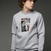 Light Grey Melange Crew Neck Fleece Lined Printed Cotton Sweatshirt