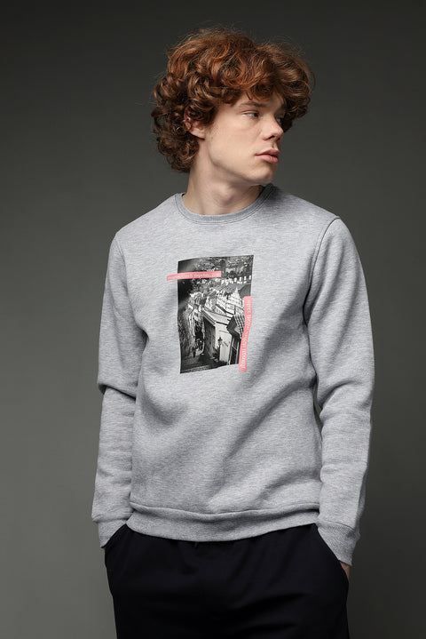 Light Grey Melange Crew Neck Fleece Lined Printed Cotton Sweatshirt