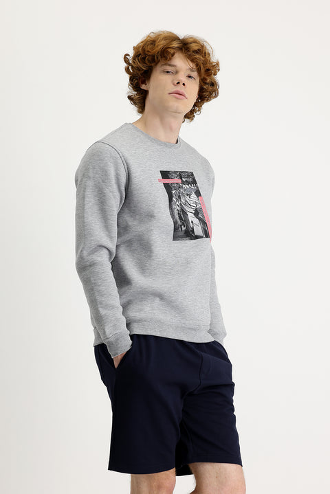 Light Grey Melange Crew Neck Fleece Lined Printed Cotton Sweatshirt