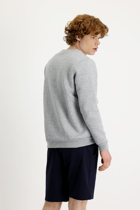 Light Grey Melange Crew Neck Fleece Lined Printed Cotton Sweatshirt