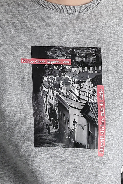 Light Grey Melange Crew Neck Fleece Lined Printed Cotton Sweatshirt