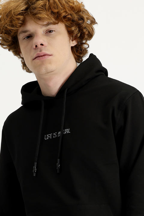 Siyah Regular Fit  Kapüşonlu Nakışlı Pamuklu Sweatshirt