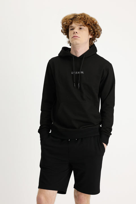 Siyah Regular Fit  Kapüşonlu Nakışlı Pamuklu Sweatshirt