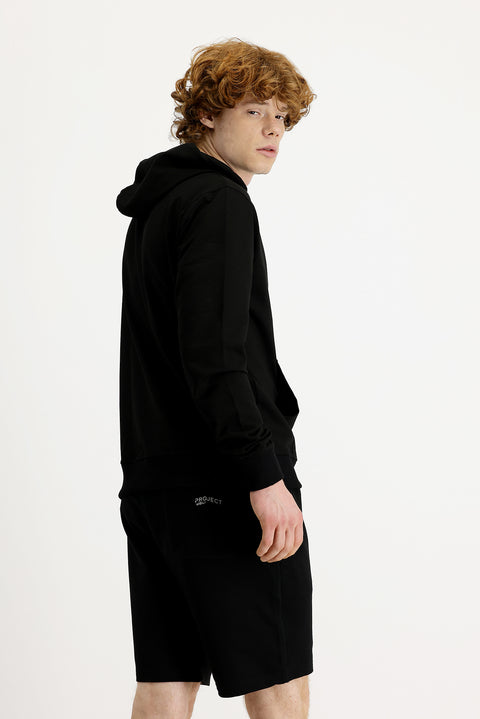 Siyah Regular Fit  Kapüşonlu Nakışlı Pamuklu Sweatshirt