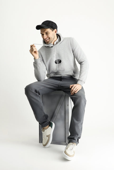 Açık Gri Melanj Regular Fit Kapüşonlu Baskılı Pamuklu Sweatshirt