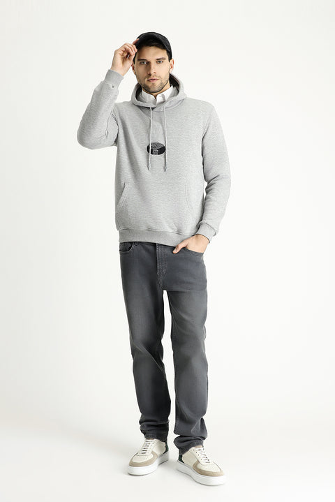 Açık Gri Melanj Regular Fit Kapüşonlu Baskılı Pamuklu Sweatshirt