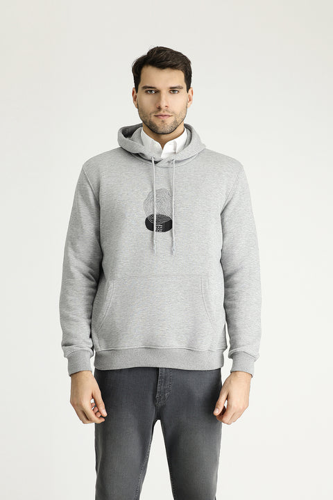 Açık Gri Melanj Regular Fit Kapüşonlu Baskılı Pamuklu Sweatshirt