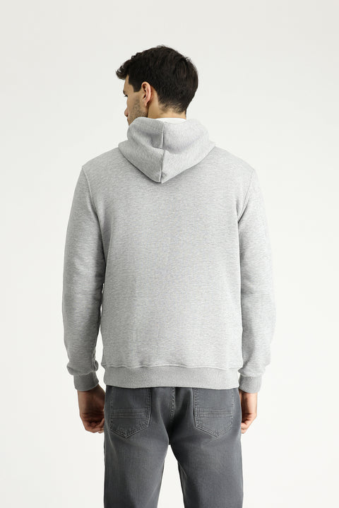 Açık Gri Melanj Regular Fit Kapüşonlu Baskılı Pamuklu Sweatshirt
