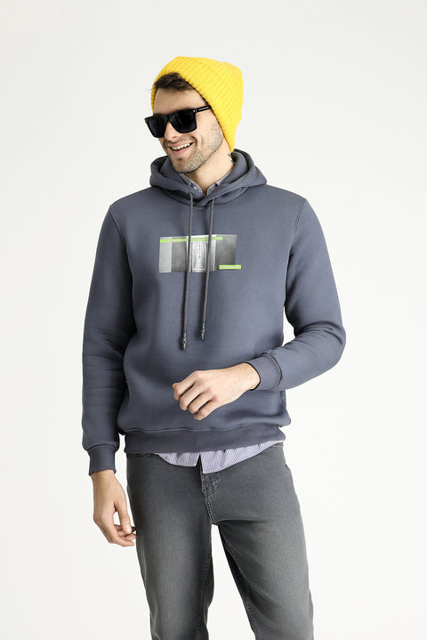 Dark Anthracite Regular Fit Hooded Printed Cotton Sweatshirt