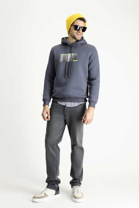 Dark Anthracite Regular Fit Hooded Printed Cotton Sweatshirt
