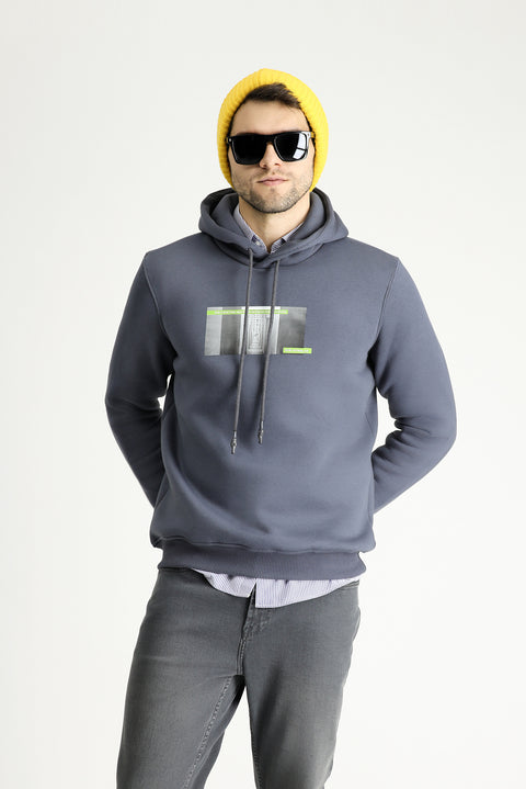 Dark Anthracite Regular Fit Hooded Printed Cotton Sweatshirt