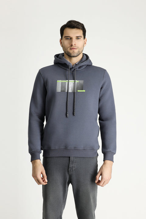 Dark Anthracite Regular Fit Hooded Printed Cotton Sweatshirt